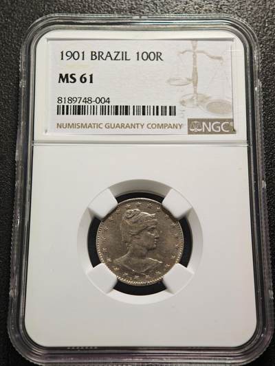 【德藏】世界币章拍卖第159期(元旦专场拍卖) - 1901年 巴西100瑞斯镍币 NGC MS61 状态极佳