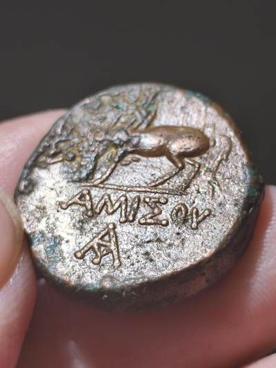 美品！本都王国-米特拉达特斯六世尖帽厚重大铜币13.38g 背面天马帕加索斯（暗示自己是英雄）以及城名阿米索和造币厂标记 非常清晰的名称组合厂标 教科书案例