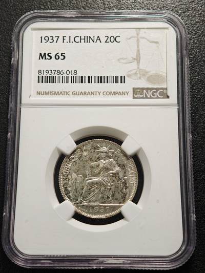 【德藏】世界币章拍卖第159期(元旦专场拍卖) - 1937年 法属印度支那坐洋20分银币 NGC MS65 淡彩包浆