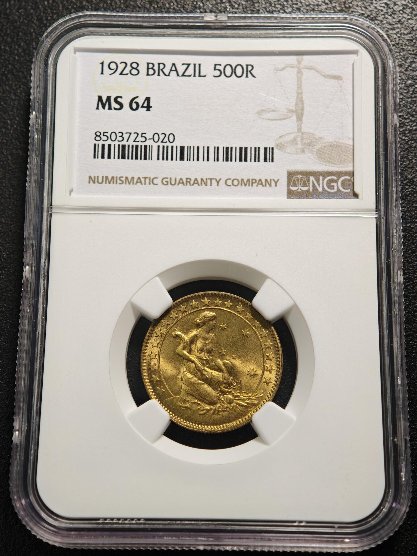 【德藏】世界币章拍卖第159期(元旦专场拍卖) 1928年 巴西500瑞斯铜币 NGC MS64 原光十足