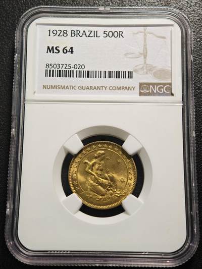 【德藏】世界币章拍卖第159期(元旦专场拍卖) - 1928年 巴西500瑞斯铜币 NGC MS64 原光十足