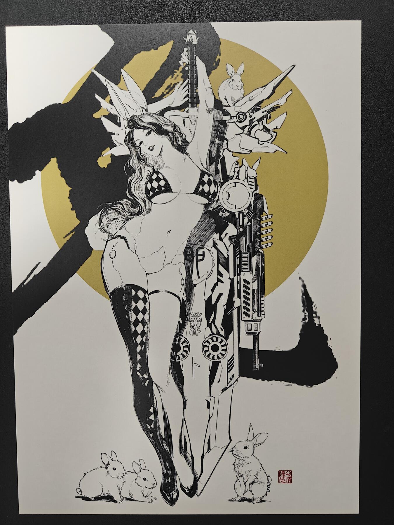 天玑星卡拍第155期《12.29年终场周一截拍》持续收拍收评中 满赠卡需备注 【签绘复制画】田宇 十二生肖 机甲美人 兔 A4复制画