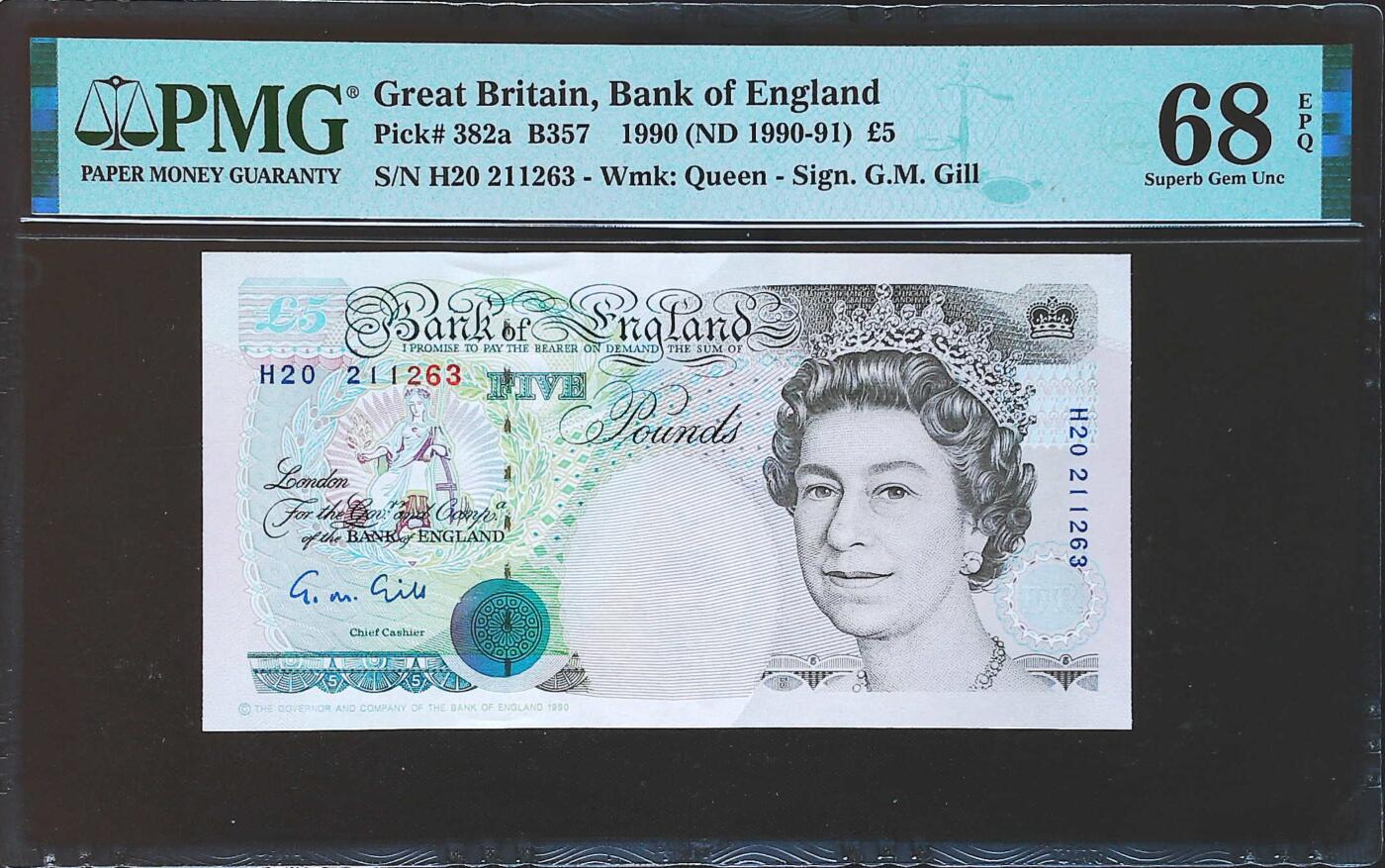 世界靓号纸钞第七十九期 1990年英国英格兰银行5镑 E序列 全程无47 PMG68 超高分