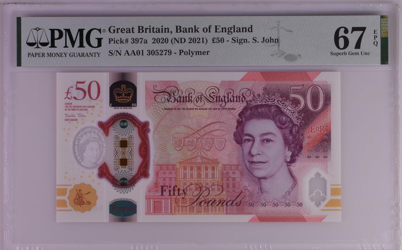 🐍甜小邱世界纸币收藏🐍第138期精品场💐 AA01首发冠 女王版 PMG67 英国 50镑 计算机之父 图灵 2021