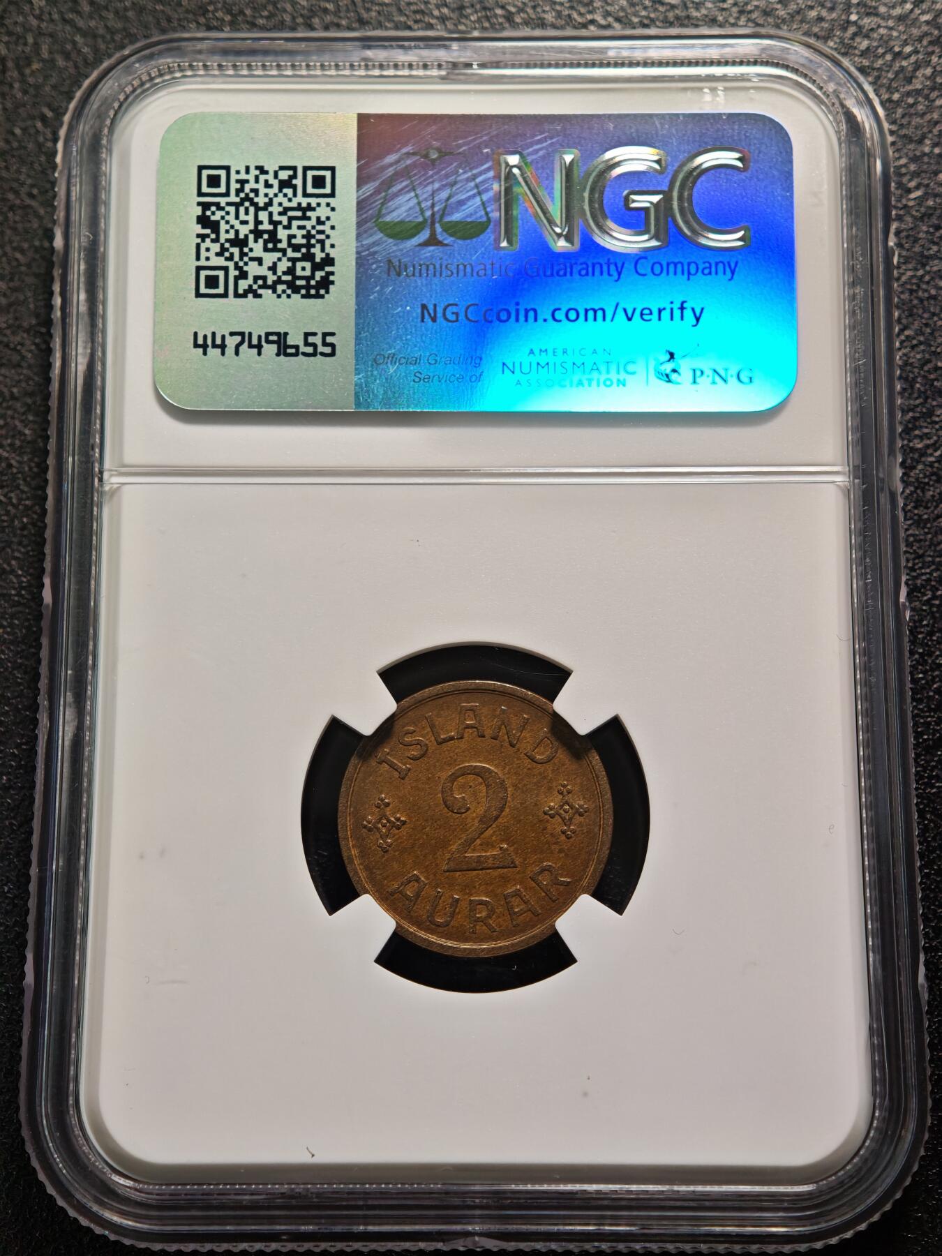 【德藏】世界币章拍卖第159期(元旦专场拍卖) 1938年 冰岛2奥拉铜币 NGC MS63BN 状态极佳