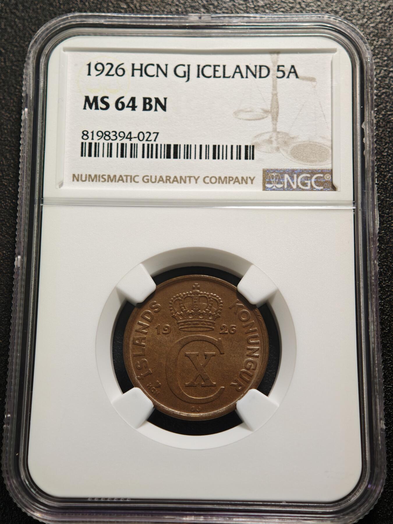 【德藏】世界币章拍卖第159期(元旦专场拍卖) 1926年 冰岛5奥拉铜币 NGC MS64BN 状态极佳