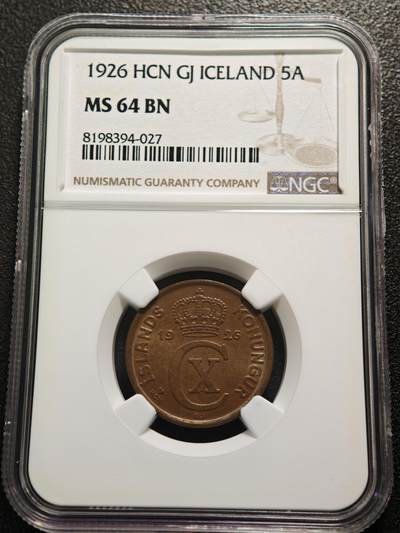 【德藏】世界币章拍卖第159期(元旦专场拍卖) - 1926年 冰岛5奥拉铜币 NGC MS64BN 状态极佳