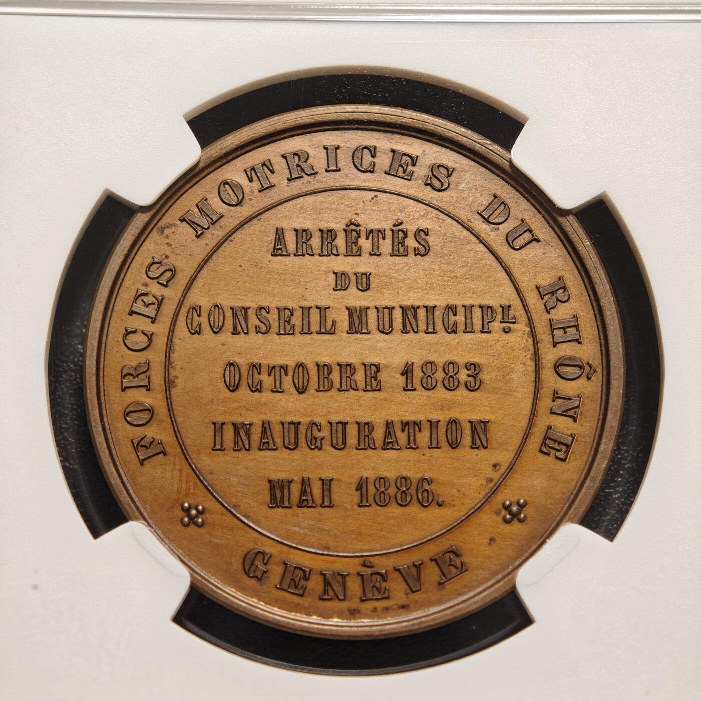 【德藏】世界币章拍卖第159期(元旦专场拍卖) 1886年 瑞士日内瓦市议会决议会议纪念铜章 NGC MS65BN 细节立体 包浆温润