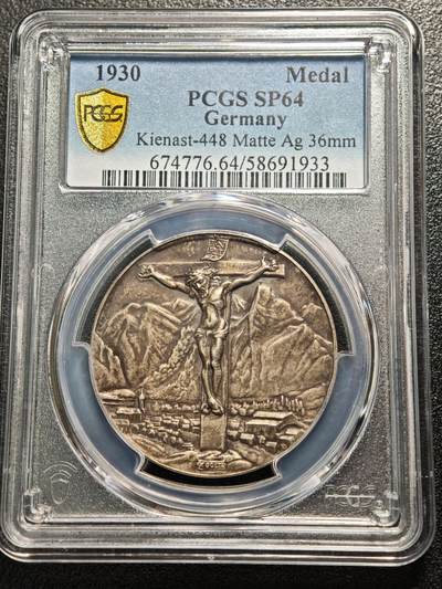 【德藏】世界币章拍卖第159期(元旦专场拍卖) - 1930年 德国"耶稣受难记"巡演纪念银章 名家卡尔歌茨作品 PCGS SP64 深彩包浆