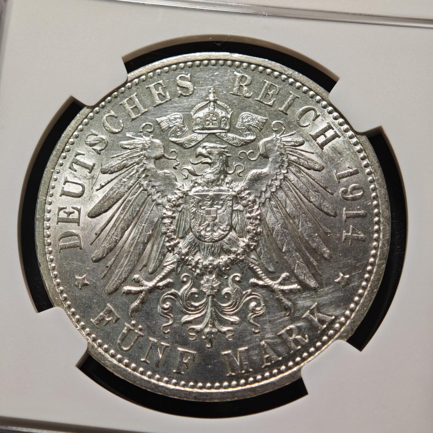 【德藏】世界币章拍卖第159期(元旦专场拍卖) 1914年 德国普鲁士威廉二世军装5马克大银币 NGC UNC 立体感强