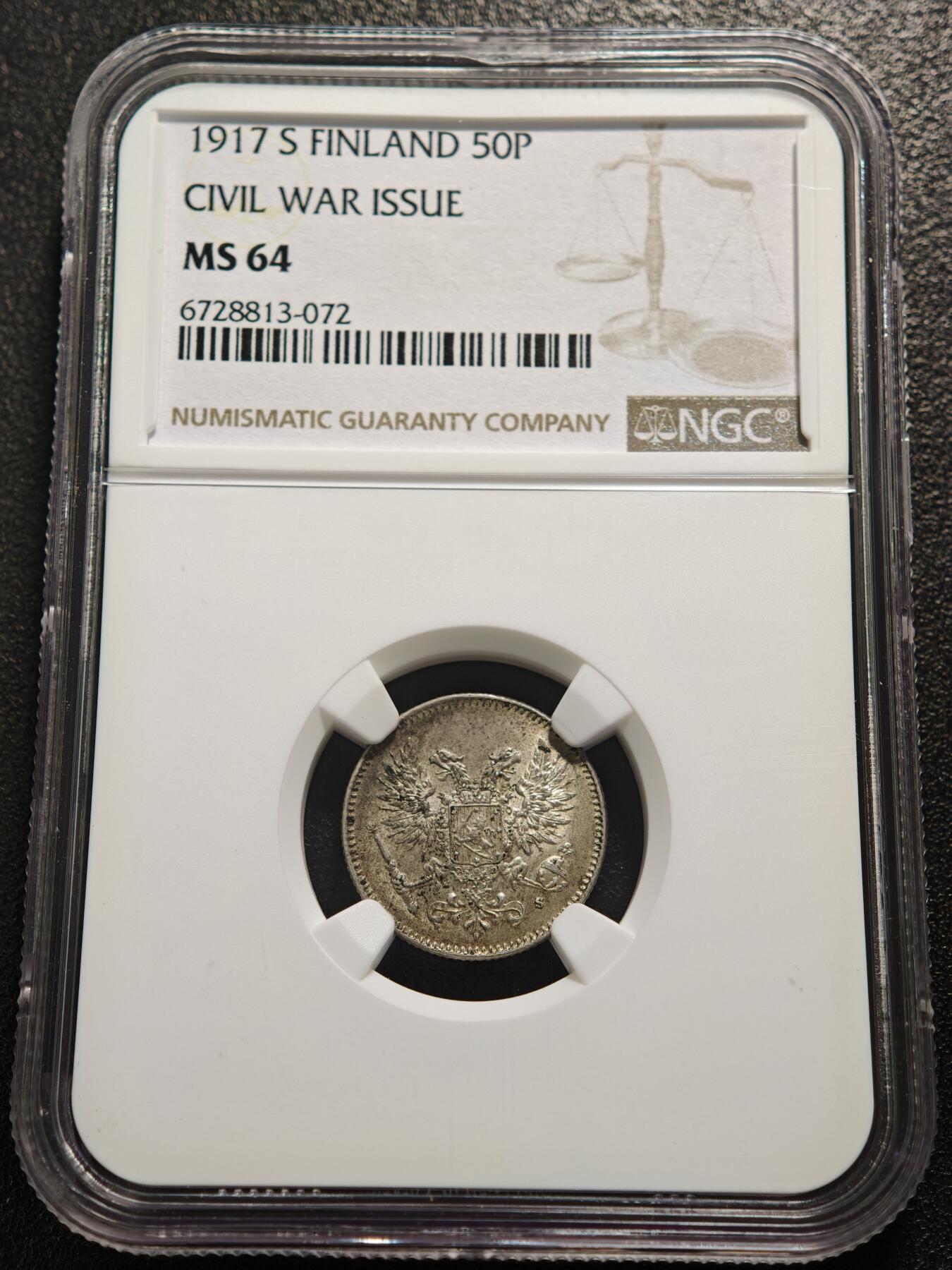 【德藏】世界币章拍卖第159期(元旦专场拍卖) 1917年 俄属芬兰大公国50芬尼银币 NGC MS64 原味包浆 不失原光