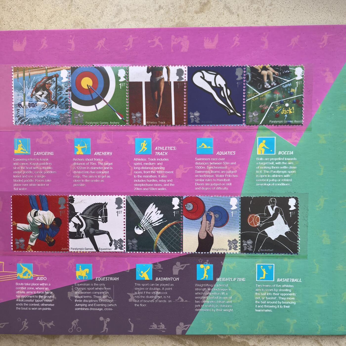 道一币馆币章第一百六十场 盒证 英国伦敦2012年30枚奥运会邮票、10枚纪念徽章，29枚59便士纪念币大全套 底部有点脱胶