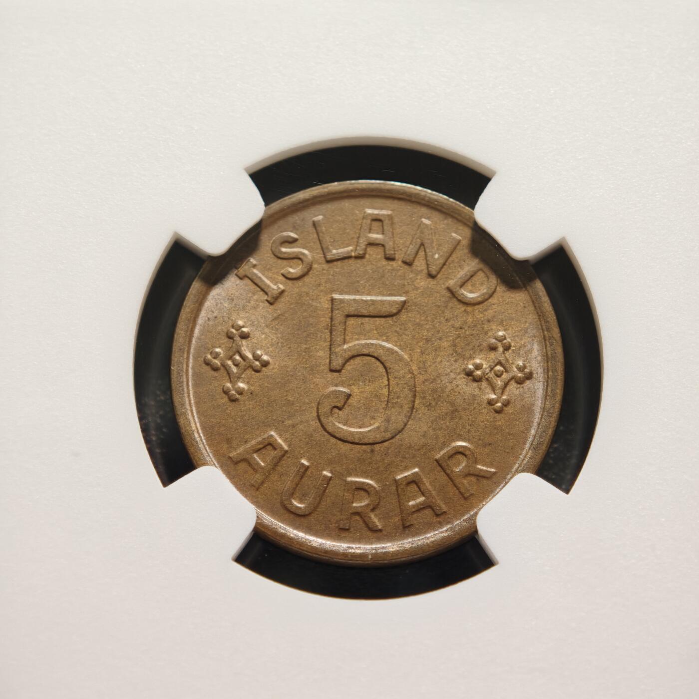 【德藏】世界币章拍卖第159期(元旦专场拍卖) 1926年 冰岛5奥拉铜币 NGC MS64BN 状态极佳