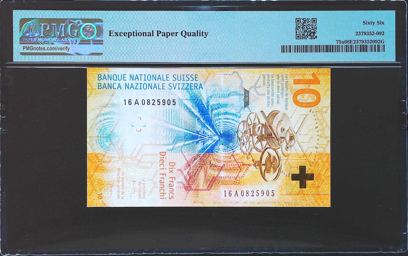 世界靓号纸钞第七十九期 2016年瑞士10法郎 稀少首发16A a签 全程无347 PMG66 2017年IBNS世界最佳纸币