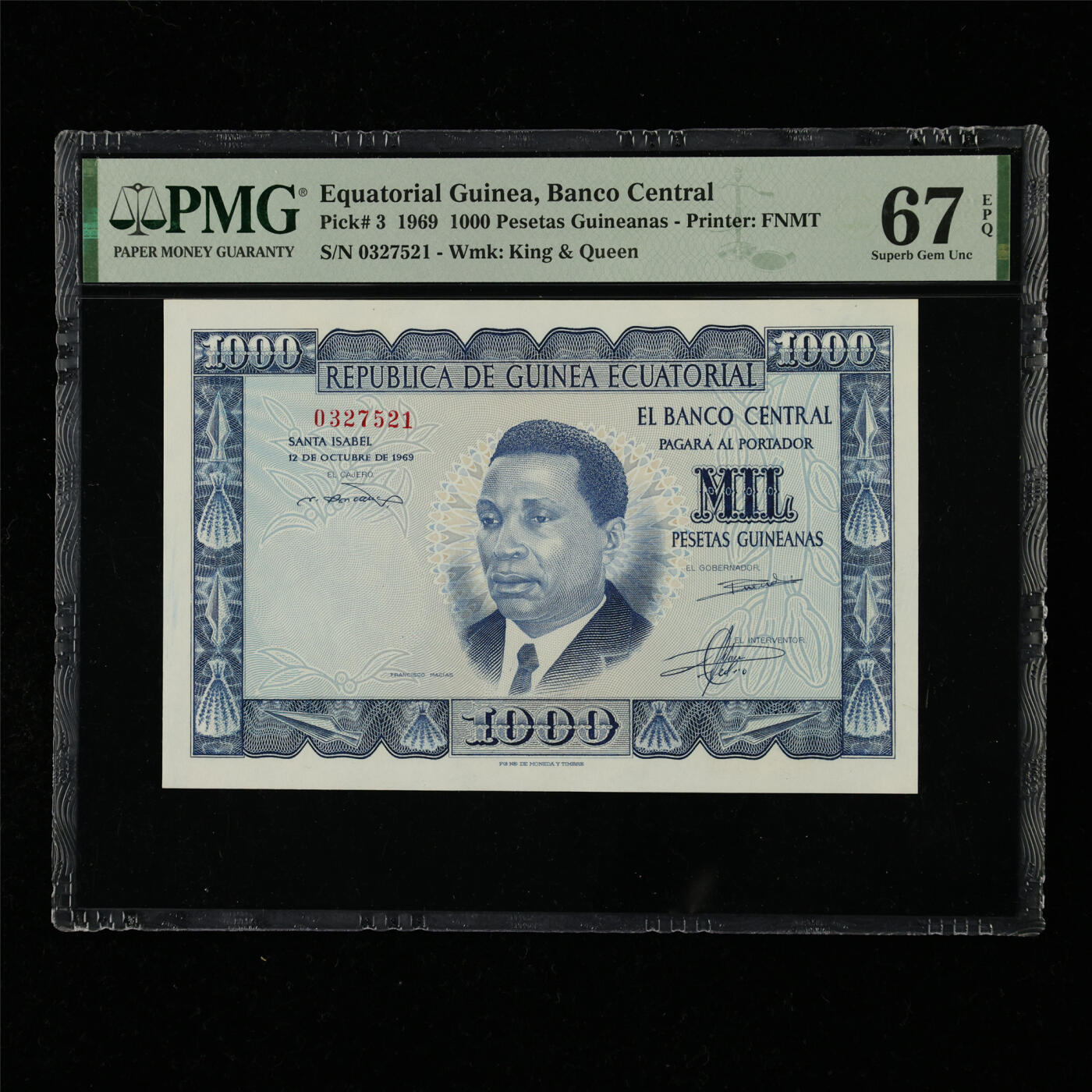 【亘邦集藏】第218期拍卖 1969年 赤道几内亚1000比塞塔 PMG 67EPQ 0327521