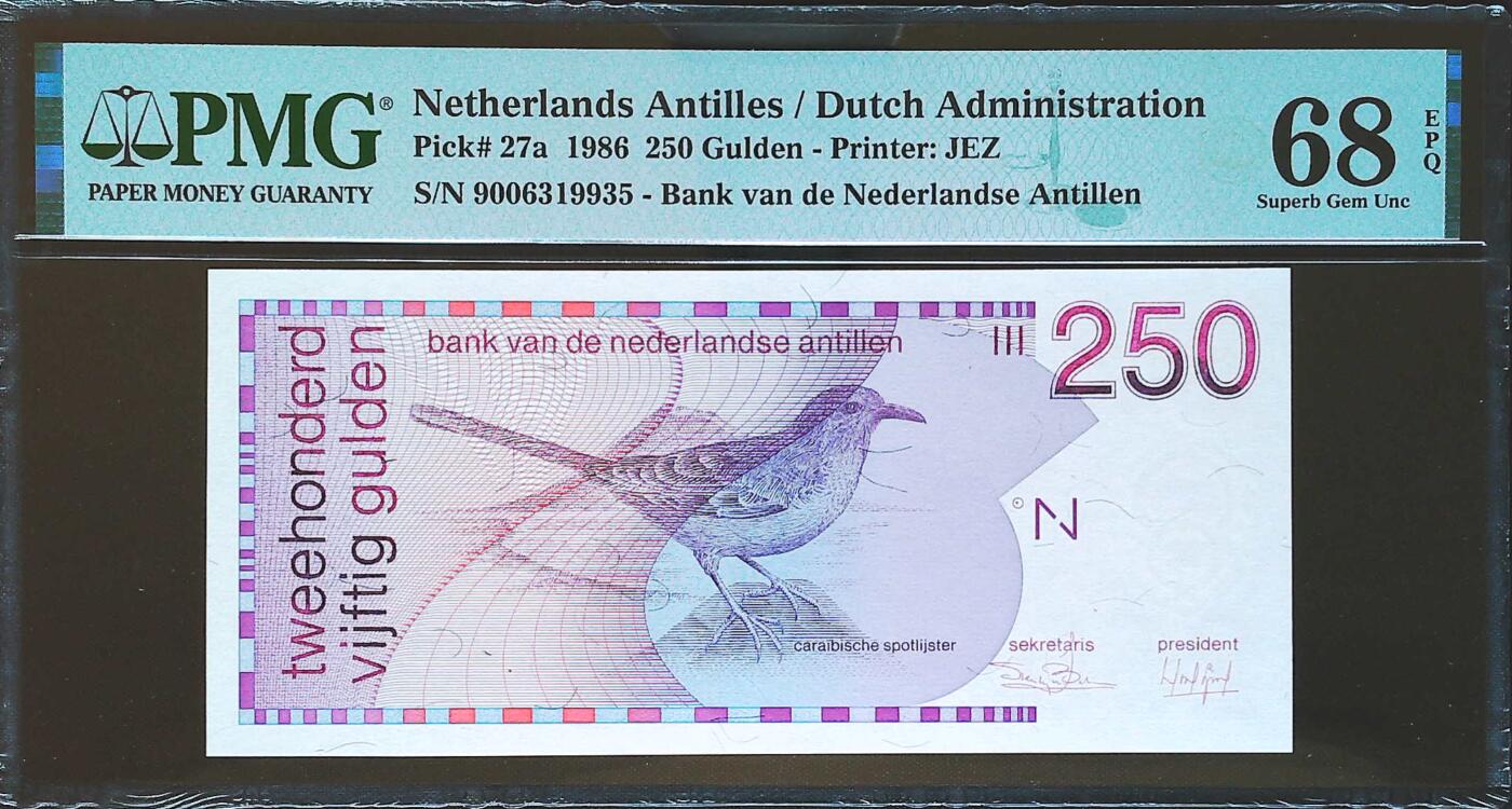 世界靓号纸钞第七十九期 1986年荷属安的列斯250盾 最大面值 全程无47 PMG68 超高分 已退出流通 未来升值潜力不可估量