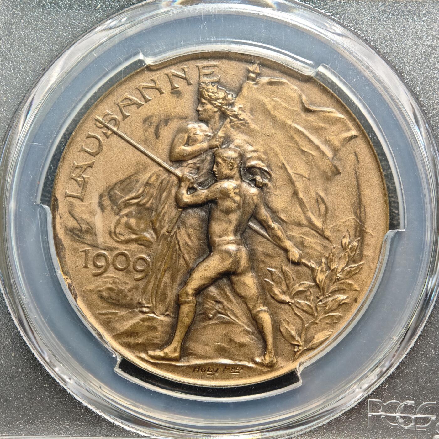 【德藏】世界币章拍卖第159期(元旦专场拍卖) 1909年 瑞士洛桑体操奖章城市景观纪念铜章 PCGS MS65 细节丰富 包浆温润