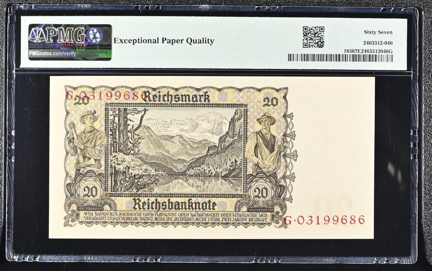 🐍甜小邱世界纸币收藏🐍第138期精品场💐 亚军分！无47靓号 PMG67 德国 20帝国马克 1939
