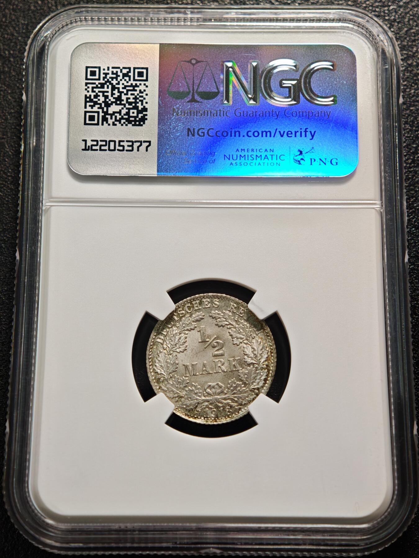 【德藏】世界币章拍卖第159期(元旦专场拍卖) 1918年 德国1/2马克银币 NGC MS66 五彩包浆 状态极佳