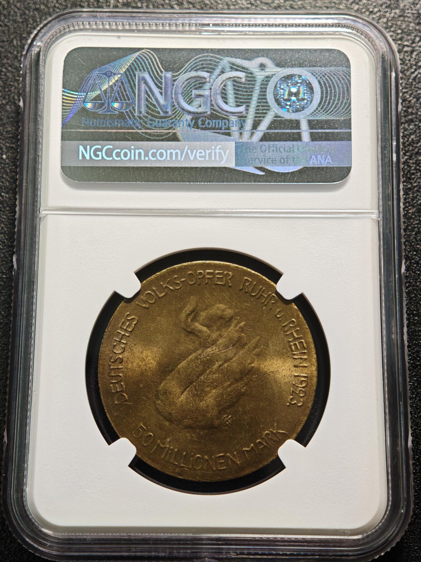 【德藏】世界币章拍卖第159期(元旦专场拍卖) 1923年 德国德紧时期鲁尔与莱茵地区5千万马克铜币 名家卡尔歌茨作品 NGC MS63RB 转光原光俱在