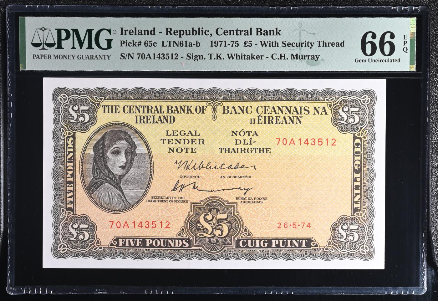 🐍甜小邱世界纸币收藏🐍第138期精品场💐 PMG66 爱尔兰 5镑 拉弗蕾夫人 1971-75