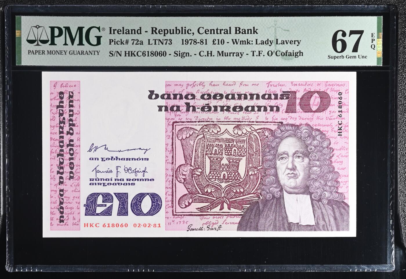 🐍甜小邱世界纸币收藏🐍第138期精品场💐 无347靓号 倒置号 a版 亚军分！PMG67 爱尔兰 10镑 1978