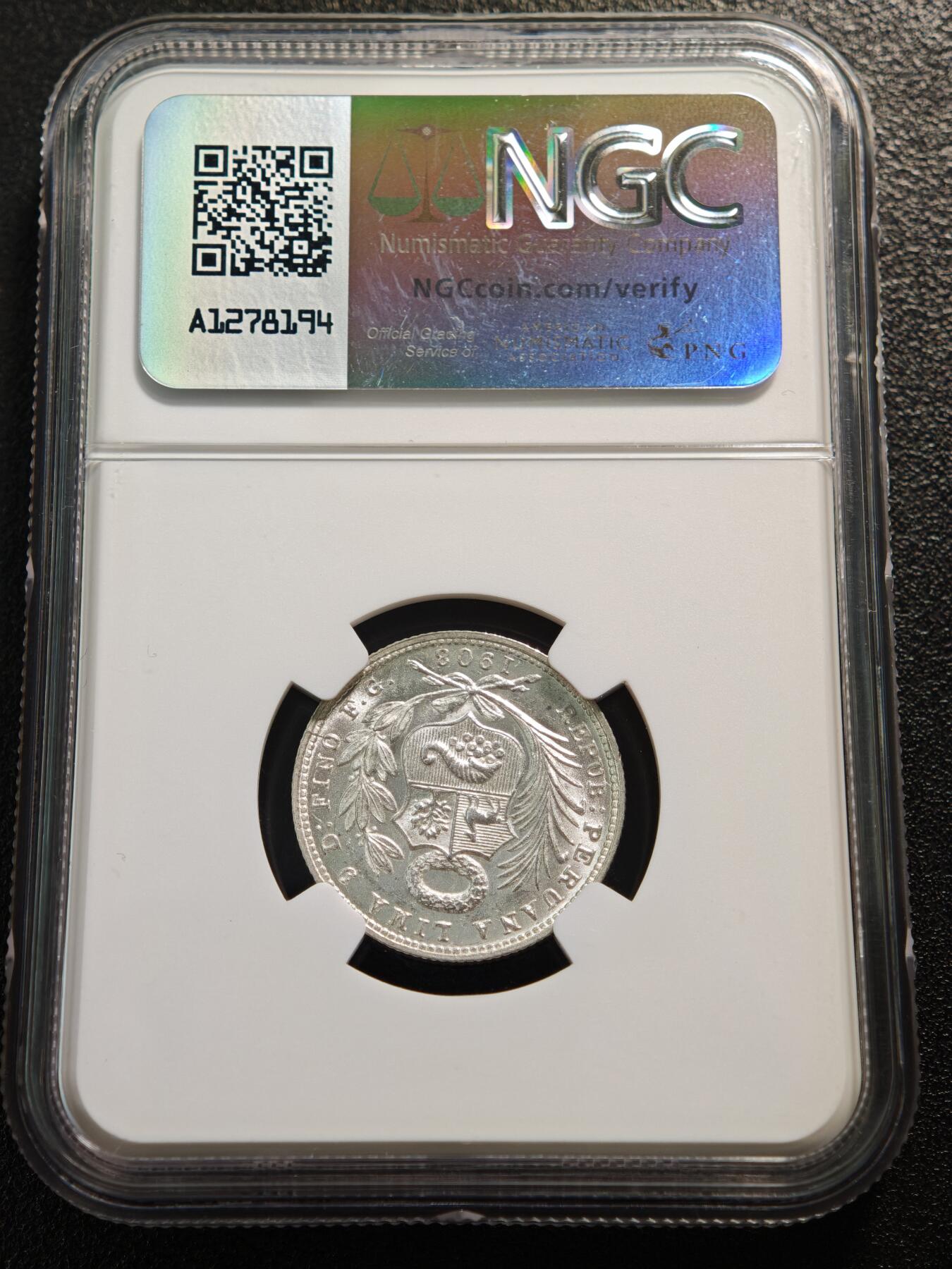 【德藏】世界币章拍卖第159期(元旦专场拍卖) 1908年 秘鲁1/5索尔银币 NGC MS62 状态极佳 原光十足