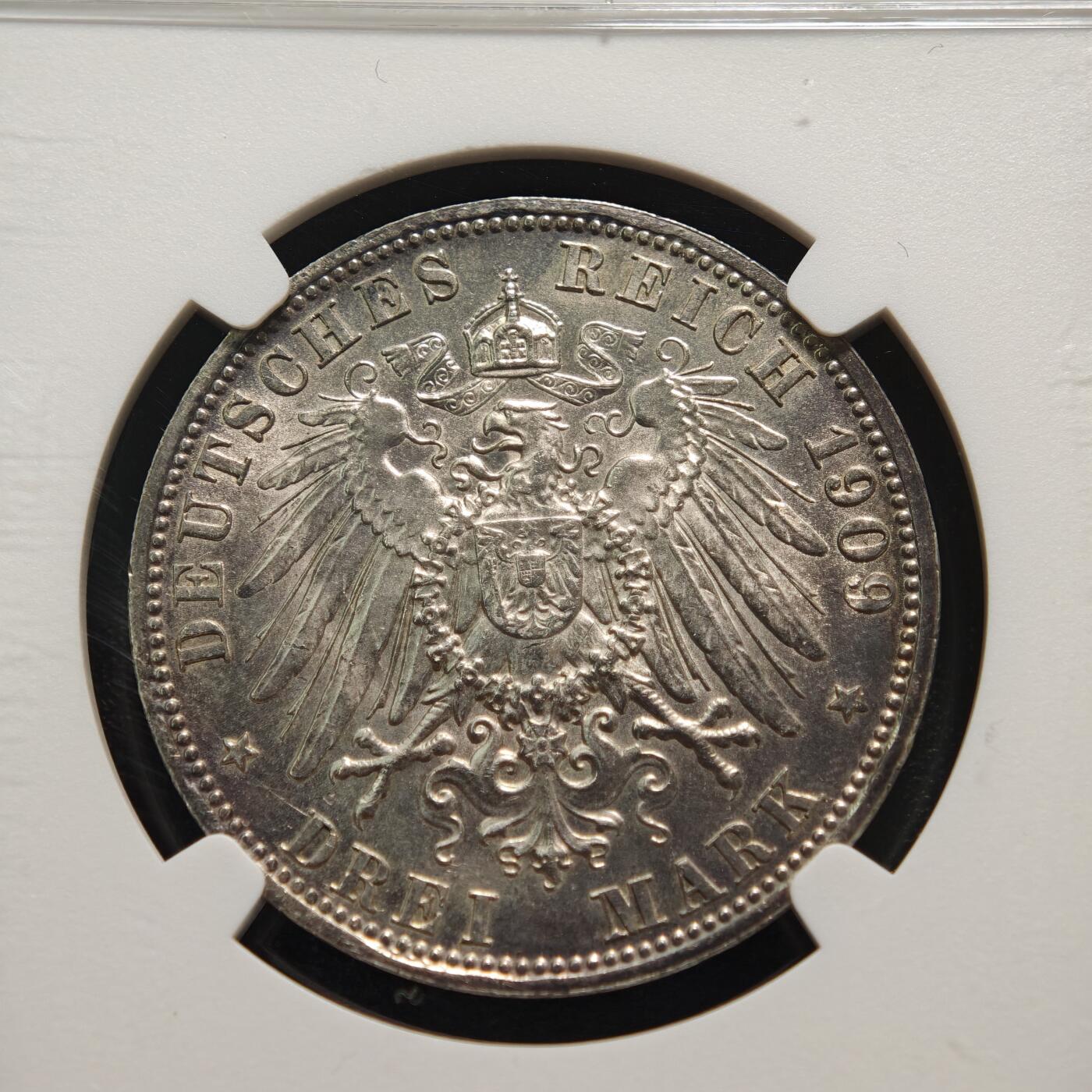 【德藏】世界币章拍卖第159期(元旦专场拍卖) 1909年 德国巴伐利亚奥托3马克银币 NGC UNC 未流通状态