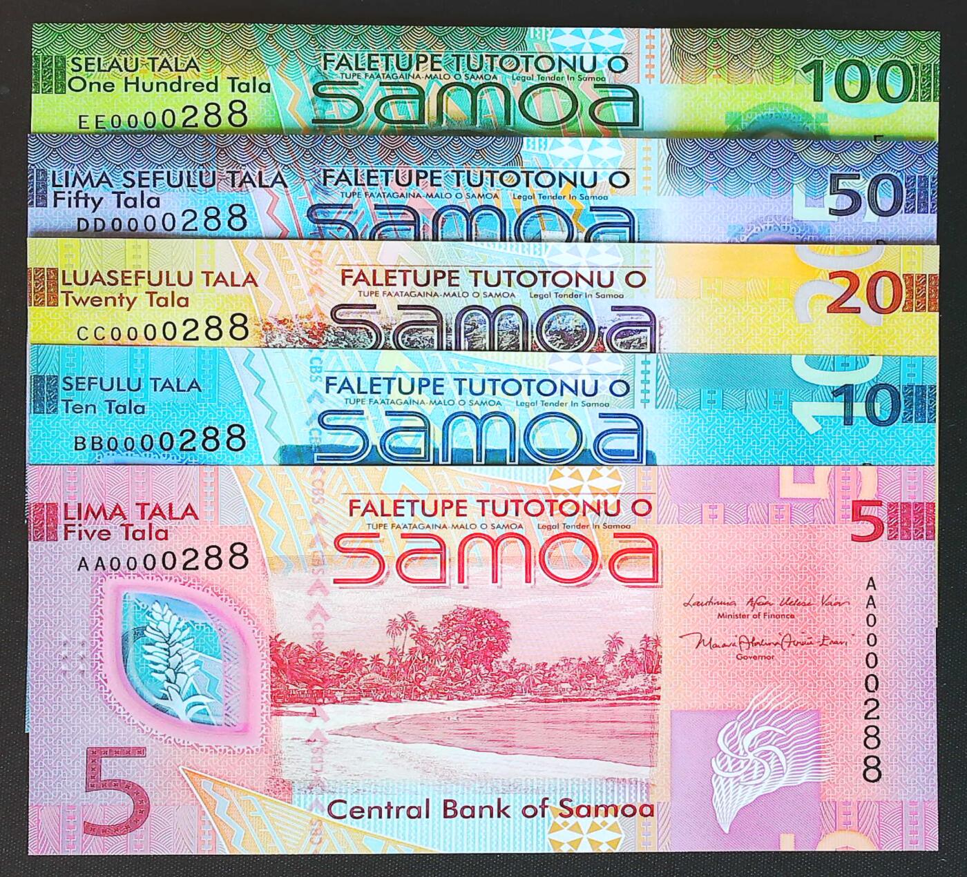 世界靓号纸钞第七十九期 2024-2025年萨摩亚5-10-50-50-100塔拉 全同号 百位号 靓号288号 全新UNC