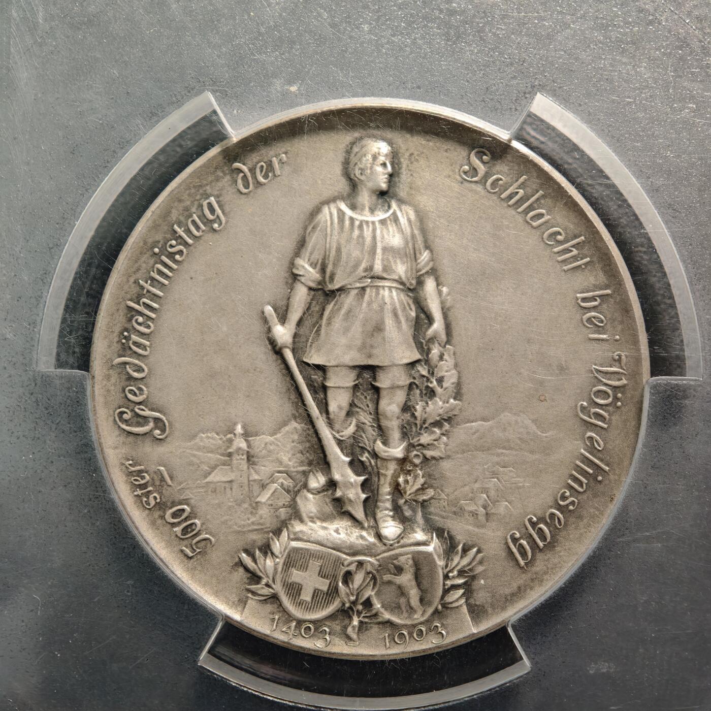 【德藏】世界币章拍卖第159期(元旦专场拍卖) 1903年 瑞士沃格尔西根战役500周年45mm纪念银章 PCGS SP63 浮雕感极强 品相极佳 沃格尔西根战役是1403年瑞士乌里州反抗哈布斯堡王朝统治的关键战役，此战是瑞士争取独立的早期重要胜利