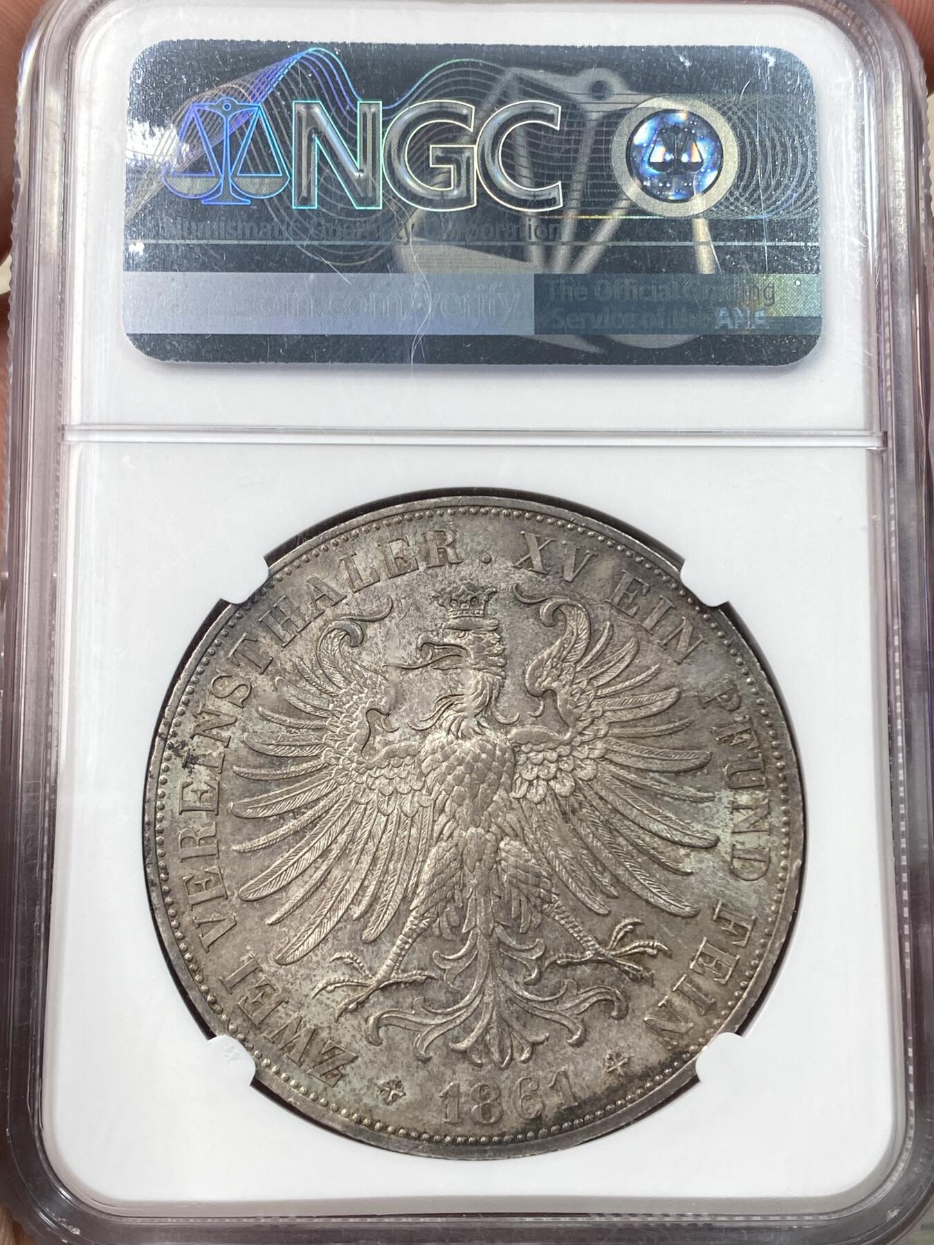 万国钱币拍卖第058期（万国新年大拍） NGC MS63 1861德国法兰克福自由市少女流通2泰勒 法兰城经典品种 原味纸袋包浆状态极其舒适