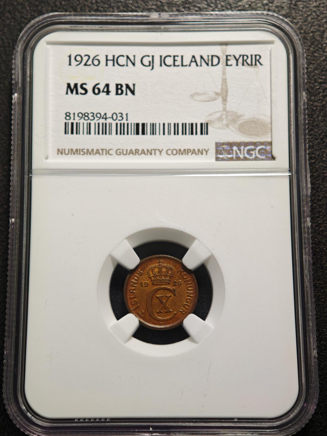 【德藏】世界币章拍卖第159期(元旦专场拍卖) 1926年 冰岛1埃铜币 NGC MS64BN 状态极佳
