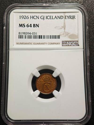 【德藏】世界币章拍卖第159期(元旦专场拍卖) - 1926年 冰岛1埃铜币 NGC MS64BN 状态极佳