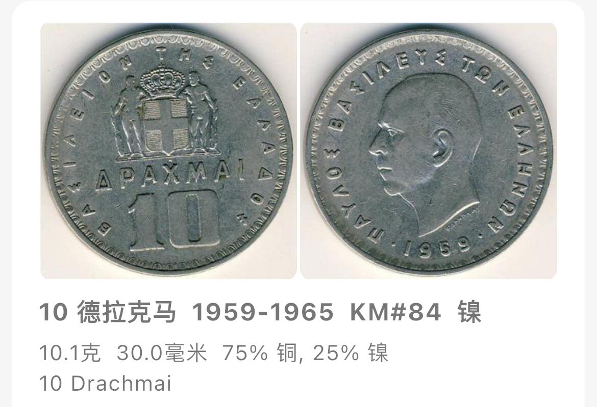 回流1228 全新 希腊1959年保罗一世10德拉克马铜镍币