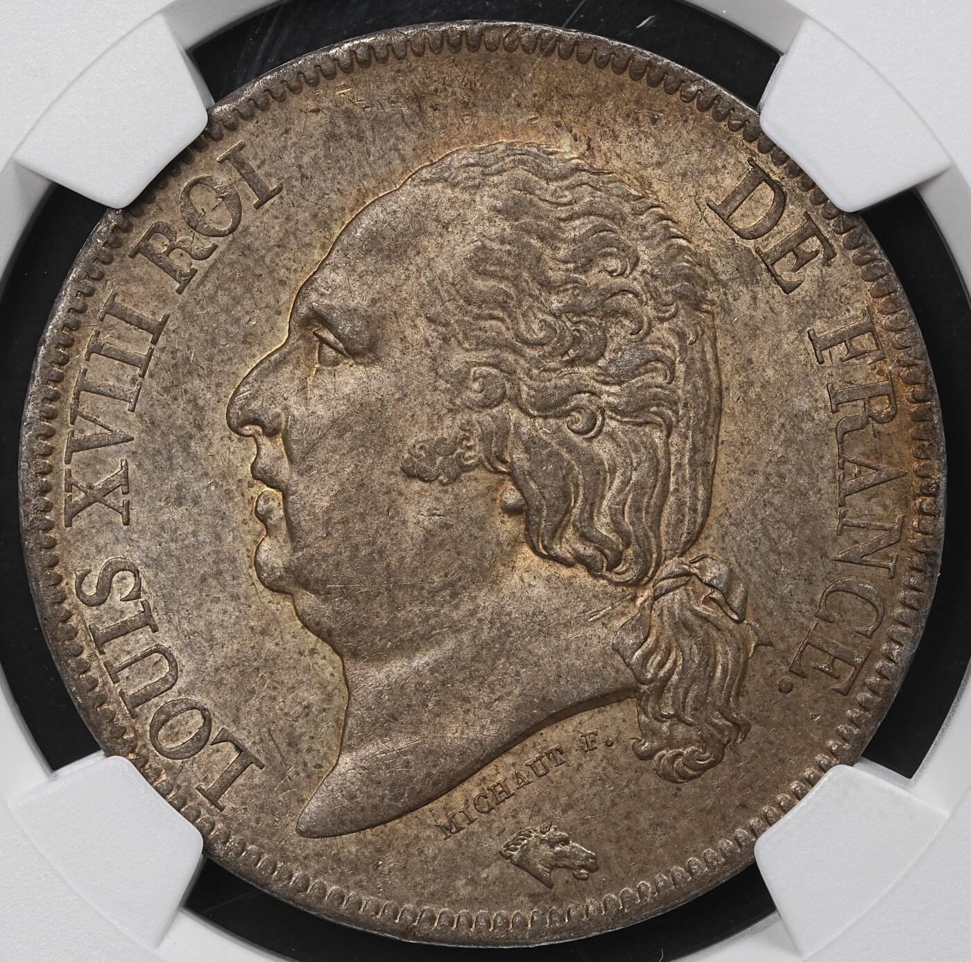 修遠堂世界钱币第九十九期 NGC MS61 1816年路易十八5法郎大银币 A厂铭 入骨五彩包浆味道一流