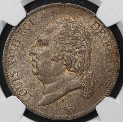 修遠堂世界钱币第九十九期 - NGC MS61 1816年路易十八5法郎大银币 A厂铭 入骨五彩包浆味道一流