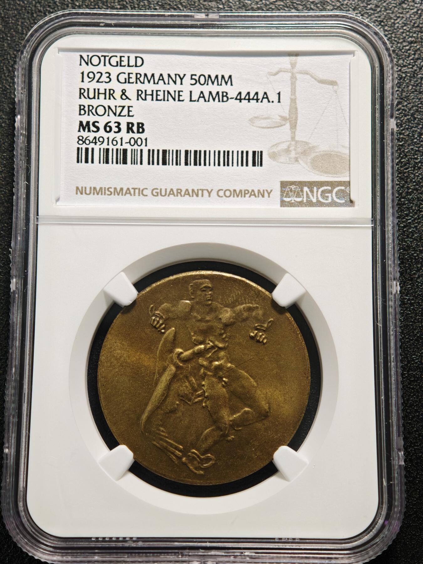 【德藏】世界币章拍卖第159期(元旦专场拍卖) 1923年 德国德紧时期鲁尔与莱茵地区5千万马克铜币 名家卡尔歌茨作品 NGC MS63RB 转光原光俱在