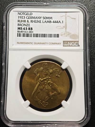 【德藏】世界币章拍卖第159期(元旦专场拍卖) - 1923年 德国德紧时期鲁尔与莱茵地区5千万马克铜币 名家卡尔歌茨作品 NGC MS63RB 转光原光俱在