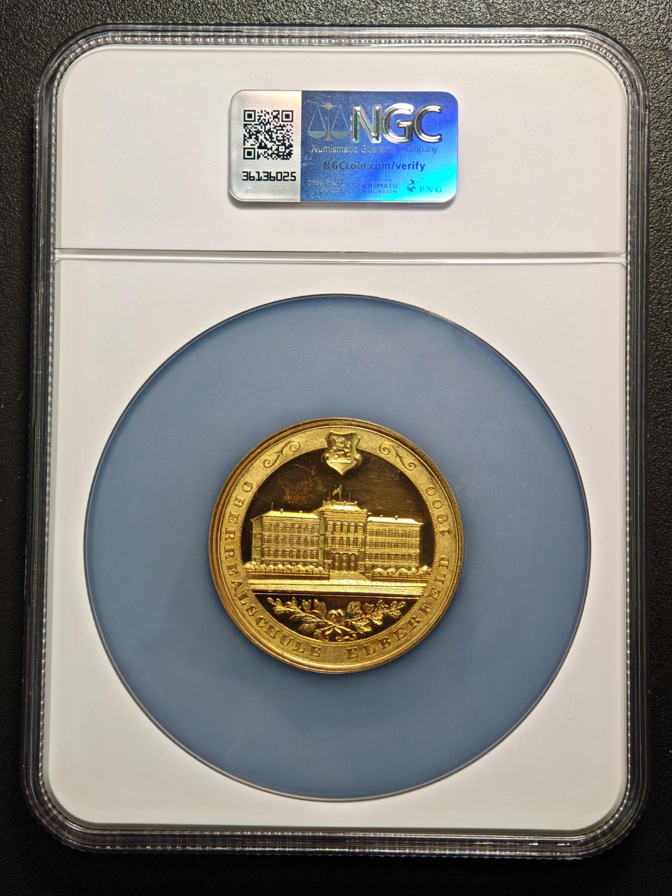 【德藏】世界币章拍卖第159期(元旦专场拍卖) 1900年 德国埃尔伯费尔德高等实科中学建校75周年50mm镀金纪念大铜章  NGC MS63 金水十足 类镜面底板