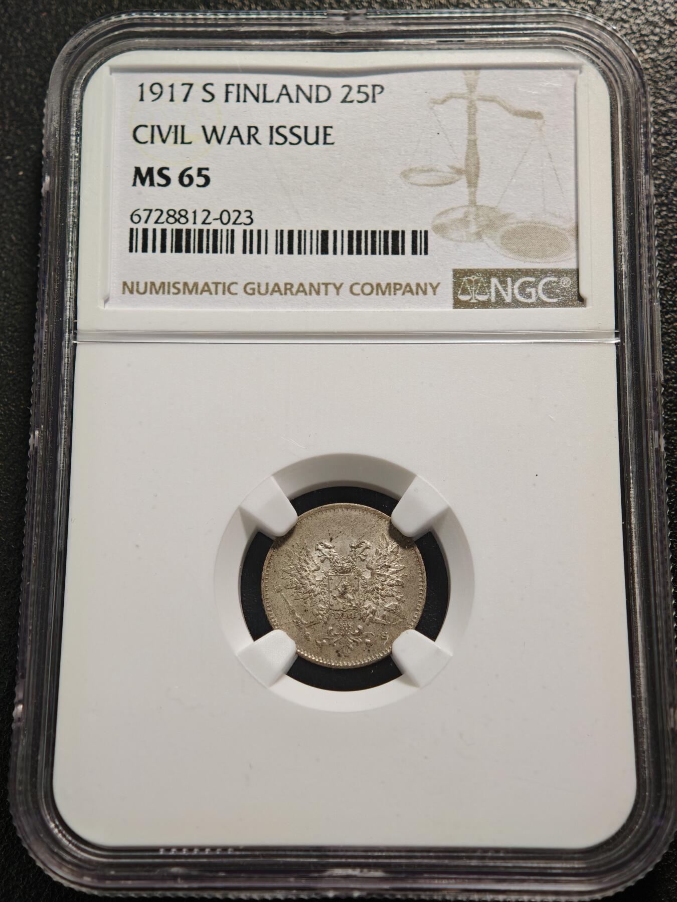 【德藏】世界币章拍卖第159期(元旦专场拍卖) 1917年 俄属芬兰大公国25芬尼银币 NGC MS65 原味淡黄油包浆