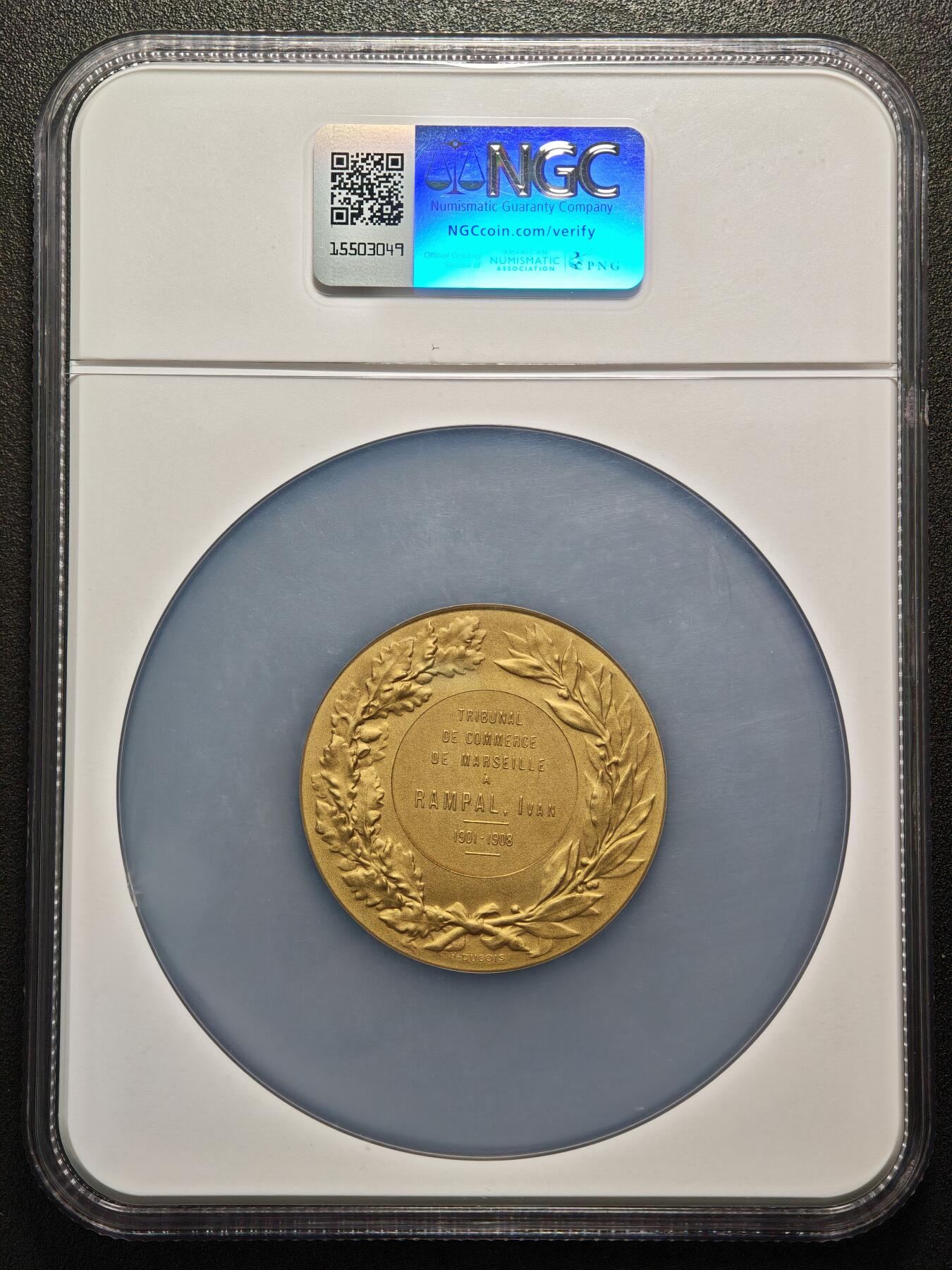 【德藏】世界币章拍卖第159期(元旦专场拍卖) 1908年 法国马赛商业法院授予伊万·朗帕尔司法镀金奖章50mm纪念银章 NGC MS66 金水十足 品相极佳