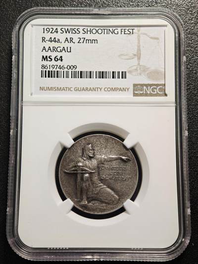 【德藏】世界币章拍卖第159期(元旦专场拍卖) - 1924年 瑞士阿尔高州阿劳射击节银章 磨砂质感 鹰徽细腻 整体包浆搭配图案映衬出十足朦胧感 NGC MS64