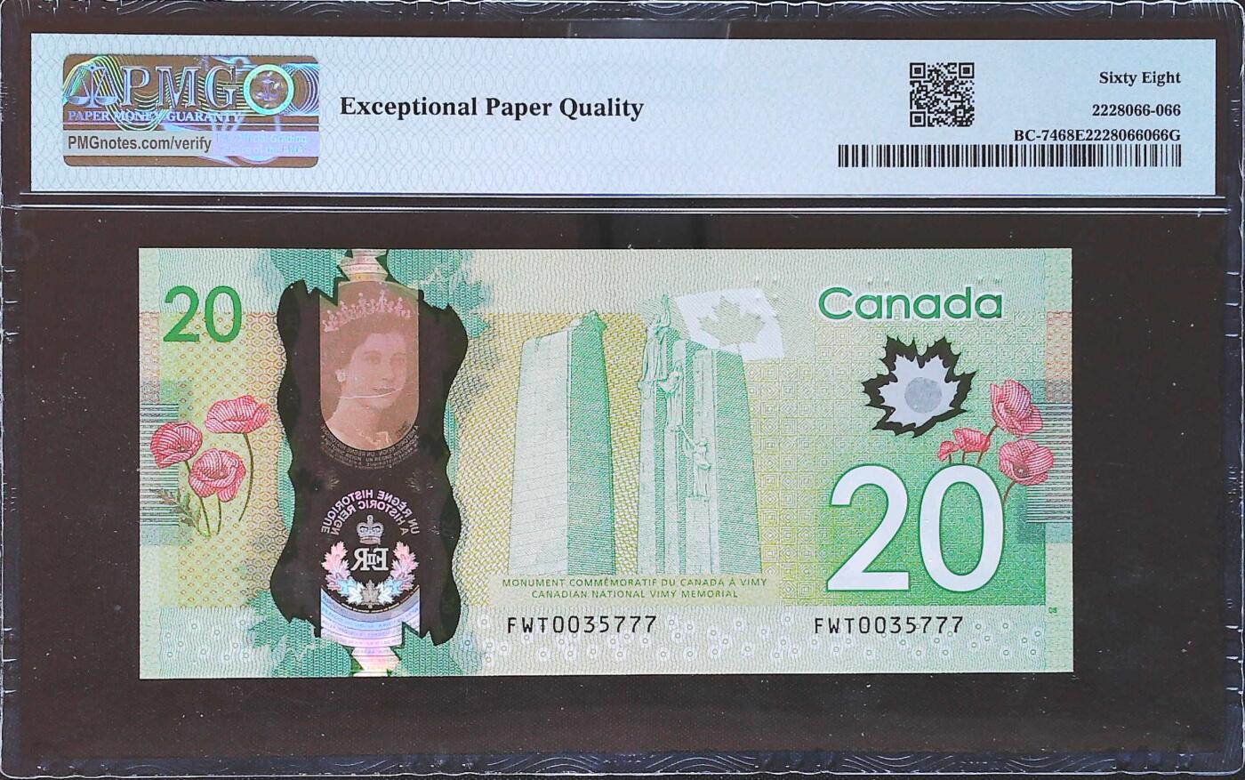 世界靓号纸钞第七十九期 2015年加拿大20元纪念钞 豹子号777 PMG68 超高分