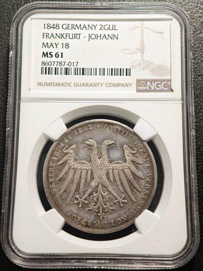 【德藏】世界币章拍卖第159期(元旦专场拍卖) - 1848年 德国法兰克福国民议会约翰大公德意志帝国摄政纪念盾银币 NGC MS61 原味包浆 立体感极强 1848年欧洲革命浪潮中，德意志各邦在法兰克福召开国民议会（法兰克福制宪会议），试图推动德意志统一并建立立宪政体。1848年6月29日，议会选举奥地利的约翰大公为“德意志帝国摄政”，这枚银币正是为纪念此次选举及法兰克福制宪会议（1848年5月18日召开）所铸