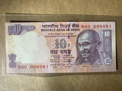 【礼羽收藏】🌏世界钱币拍卖第120期 - 【06G 000081】全新UNC 2014年印度10卢比纸币 无347尾81 少见十位小号 第81号 数二 开门号 