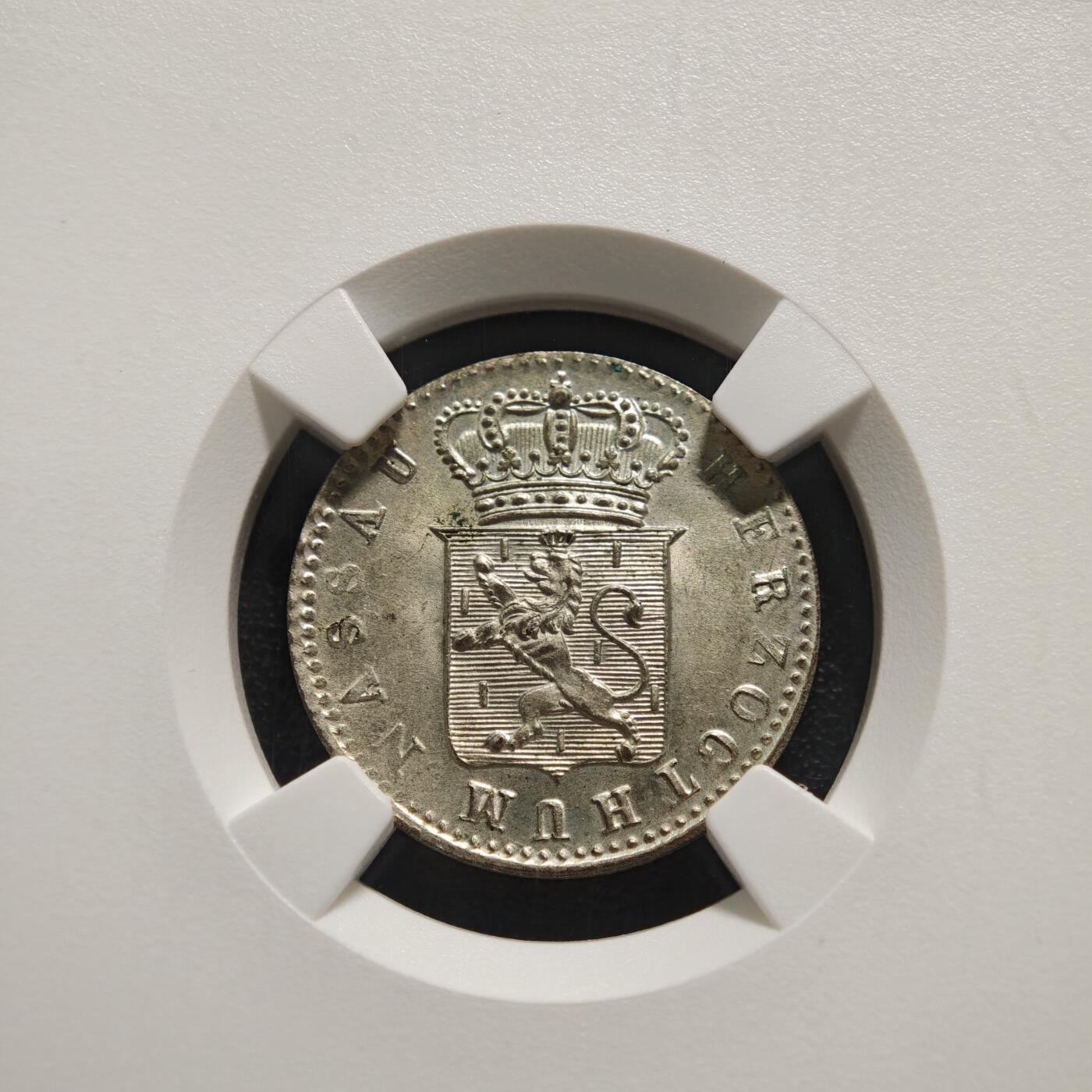 【德藏】世界币章拍卖第159期(元旦专场拍卖) 1837年 德国拿骚公国6克罗伊泽银币 NGC MS65 图案清晰 状态极佳