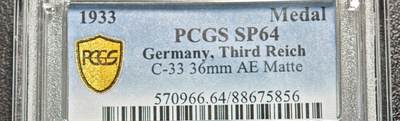 【德藏】世界币章拍卖第159期(元旦专场拍卖) - 1933年 德国德国民族社会主义工人党党首与兴登堡纪念铜章 PCGS SP64 立体感极强（原图请查询PCGS评级官网）