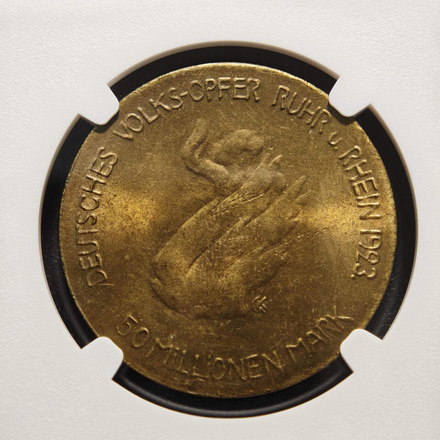 【德藏】世界币章拍卖第159期(元旦专场拍卖) 1923年 德国德紧时期鲁尔与莱茵地区5千万马克铜币 名家卡尔歌茨作品 NGC MS63RB 转光原光俱在