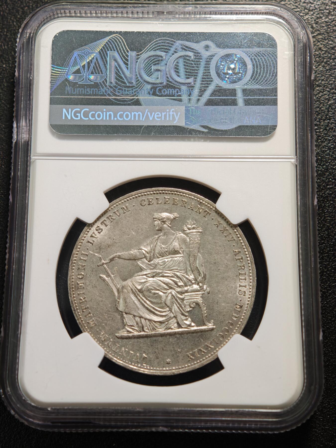 【德藏】世界币章拍卖第159期(元旦专场拍卖) 1879年 奥匈帝国弗朗茨·约瑟夫一世与伊丽莎白皇后银婚纪念5弗罗林银币  NGC MS62 原光俱在 状态极佳