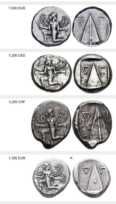 星盘世界钱币2026一月十日新年古典精品大拍 精彩纷呈 超级名誉品！古希腊-考诺斯城 张开双翼的女神斯塔特厚重大银11.67g 背面金字塔型圣石 浓厚的古埃及风格 前430-410年 该品种通常非常昂贵大几千几万都是常见情况